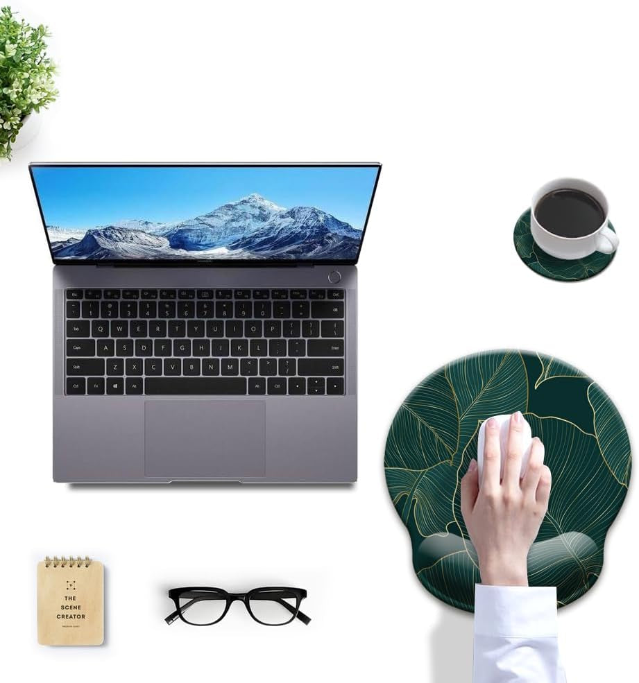 Ergonomic Mouse Pad with Wrist Support Gel, Comfortable Laptop Mouse Pad with Non-Slip Rubber Base, Green Leaves