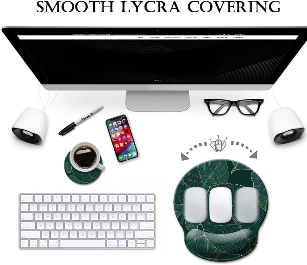 Ergonomic Mouse Pad with Wrist Support Gel, Comfortable Laptop Mouse Pad with Non-Slip Rubber Base, Green Leaves