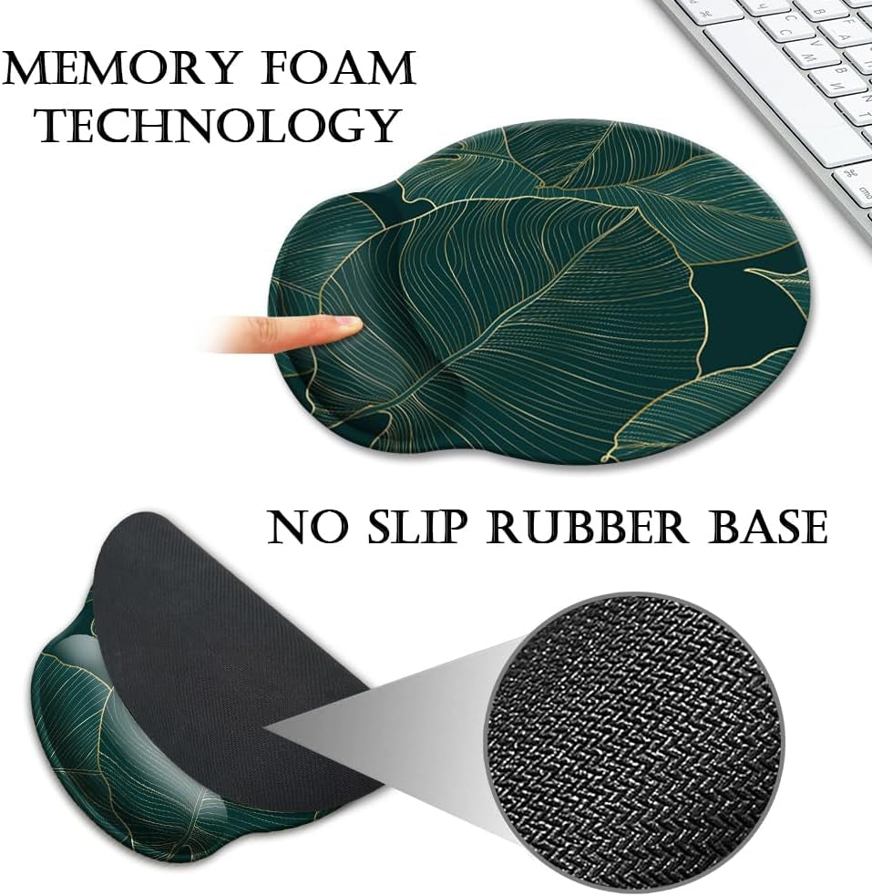 Ergonomic Mouse Pad with Wrist Support Gel, Comfortable Laptop Mouse Pad with Non-Slip Rubber Base, Green Leaves