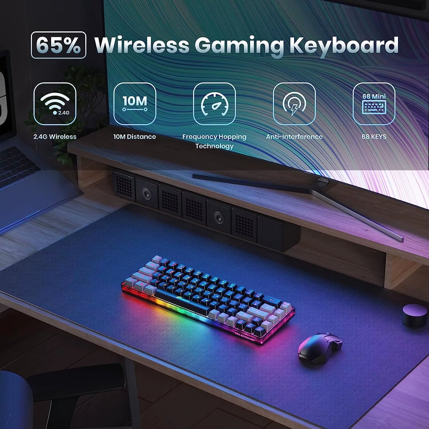 2.4G Wireless Gaming Keyboard Rechargeable Backlit Gaming Keyboard 68 Keys English/Spanish Layout Keyboard for PC