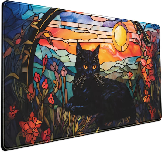 Black Cat Desk Mat Vintage Sunset Desk Mouse Keyboard Pad, XXL Large Mouse Pad Laptop Desk Mousepad with Stitched Edges, Keyboard Pad Mouse Mat for Work Game Office Desk Accessories 31.5X15.7 In