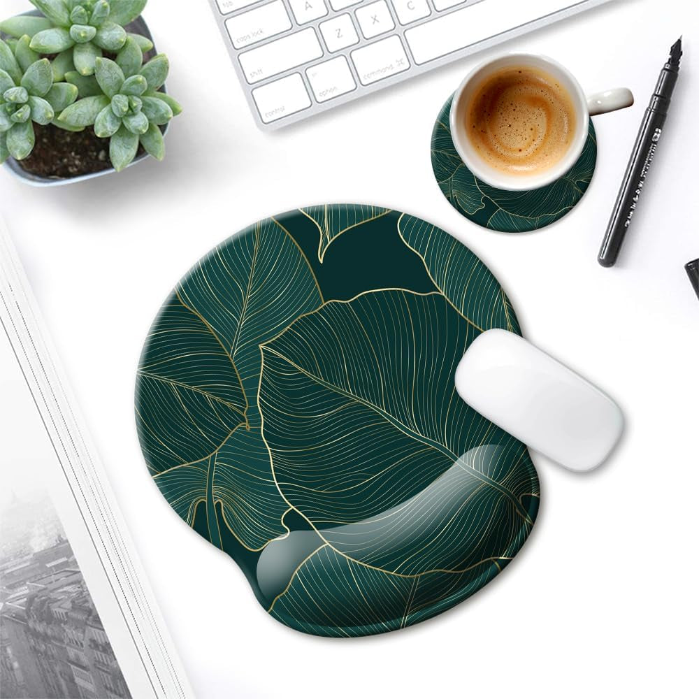 Ergonomic Mouse Pad with Wrist Support Gel, Comfortable Laptop Mouse Pad with Non-Slip Rubber Base, Green Leaves