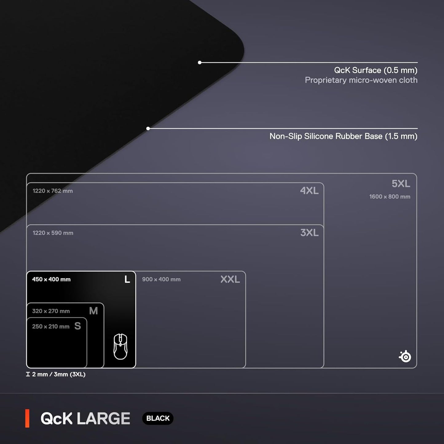 Qck Large Gaming Mousepad — Black — Non-Slip Silicone Rubber Base — Peak Tracking and Stability — Optimized for Gaming Sensors — 490 Mm X 420 Mm — FPS, Mobas, RTS, MMO